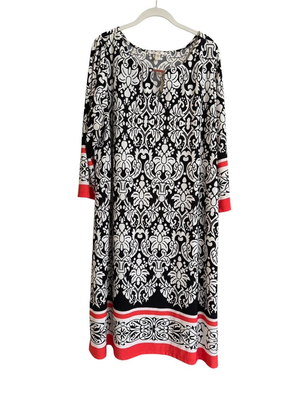 Maria Gabrielle Damask Shift Dress Black White Red Border Long Sleeve Plus Size